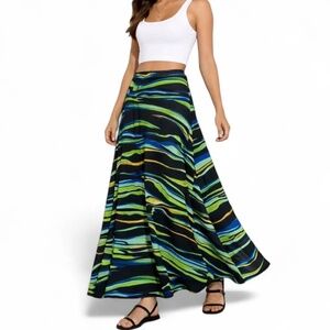Abstract Print Maxi Skirt | Flowing A-Line | Green Blue Black | Statement Skirt
